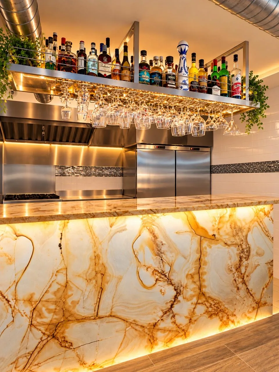 Bar en onyx rétroéclairé de la maison d'hôtes L'Escondida