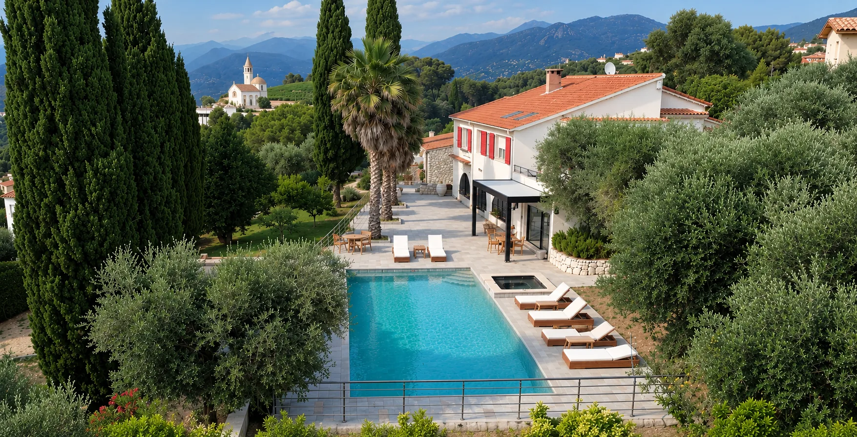Vue aérienne de la villa blanche aux toits de tuiles, entourée de cyprès et de palmiers, avec sa piscine