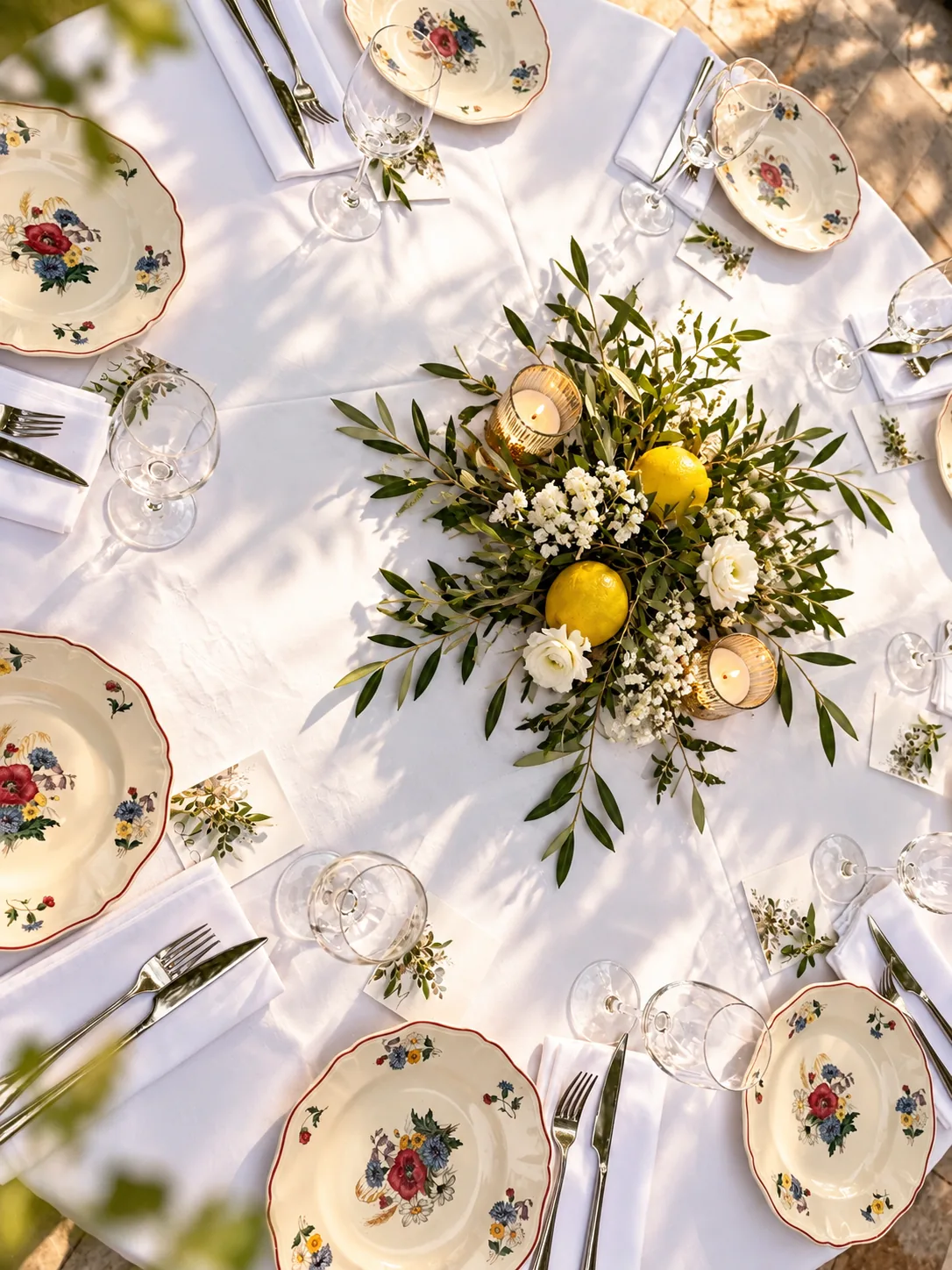 Table de réception dressée avec un centre de table en olivier et citrons, dans le jardin de L'Escondida